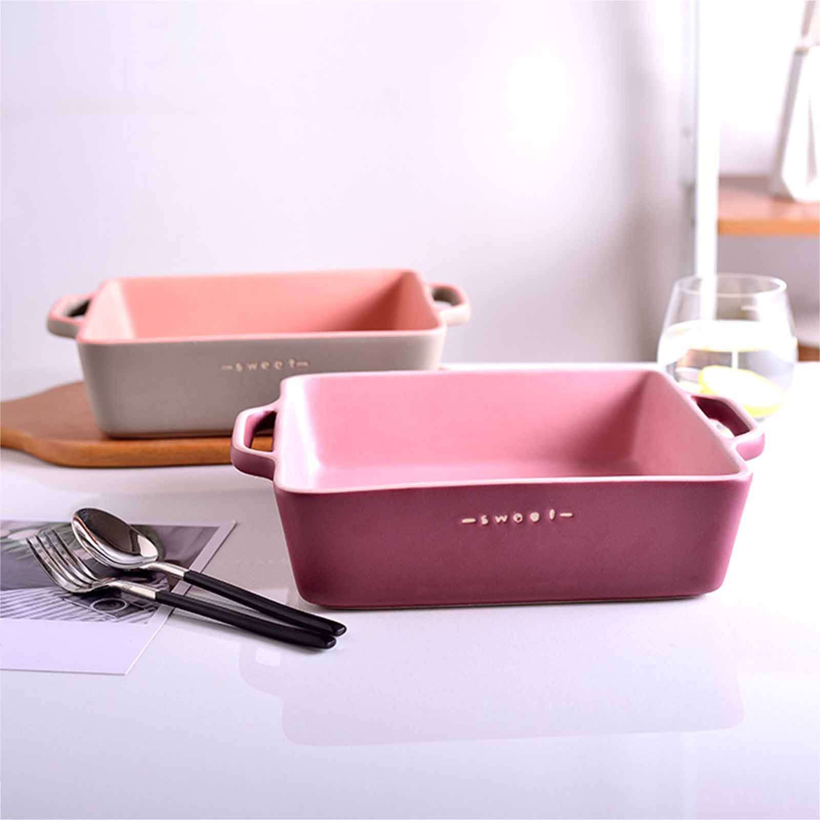 Lasagneform quadratisch, Lasagnepfanne mit Griff, große Keramik-Backform, Porzellan-Backform, ofenfest(Pink and grey,25x20x6.5cm)