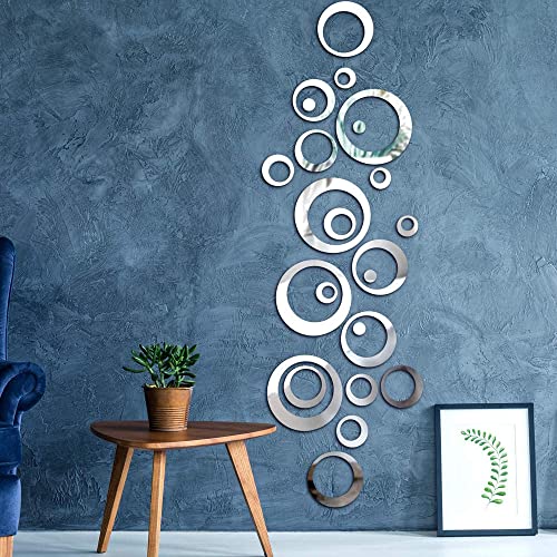 SSyang Etiqueta De Espejo, Etiqueta engomada Redonda,Pared Auto-Adhesivo Redondo Espejos, Espejos Decorativos de Pared Redondos, para Sala de Estar Casera Decoraciones del Dormitorio(Redondo, Plata)