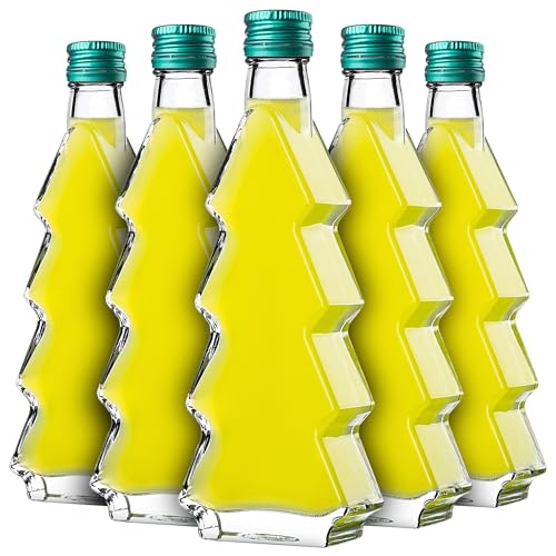 KADAX Juego de 10 botellas de cristal en forma de árbol de Navidad, 200 ml, con tapón de rosca verde – Botellas vacías para rellenar con licor y aguardiente, ideal para Navidad y como regalo