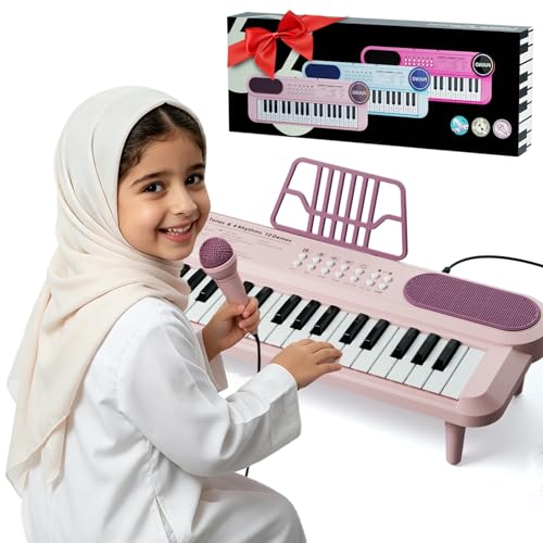 Keyboard Piano for Kids 37 Key Pink Music Toy Baby Girls Electronic Piano with Microphone & Music Stand Toddler Portable Keyboard for Beginners First Birthday Gift for Boy Girl Age 2 3 4 5