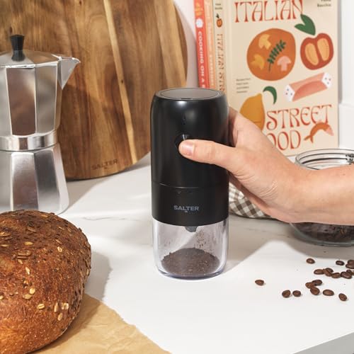 Salter Rechargeable Coffee Grinder – 30g Bean & 35g Powder Capacity, One Touch Operation, Easy Clean, Compact & Portable, Ceramic Grinding Burr, for French Press, Filter, Espresso Machine, Black