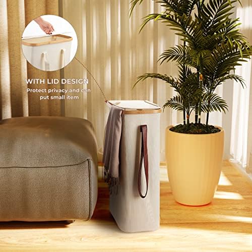 Yamagahome Slim Laundry Basket with Lid 52L, Collapsible Small Laundry Hamper with Removable Laundry Bag, Bamboo Oxford Fabric Washing Basket with Handles for Bedroom, Bathroom, Beige