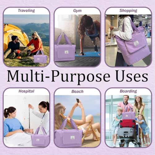 Image of JD Fresh 41 Liter Foldable Travel Bags for Women /Nylon Duffle Bags /Expandable Vanity Travelling Luggage Handbags /Waterproof & Lightweight Shopping Bag for Personal Items (Purple)