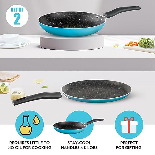 Image of Borosil Festive Glory Non-Stick Set of 2 Tawa (25 cm) and Fry Pan (24 cm), Gas Stove & Induction Compatible, Metal Spoon Friendly, Blue Exterior, Thick Uniform Body, Stir Fry Pan, Tava for Prantha