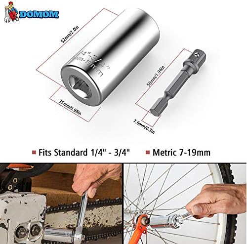 Domom Universal Socket, Multi-function Universal Sockets, 7mm-19mm Professional Wrench Power Drill Adapter Unique Repair Tools,Silver (1)
