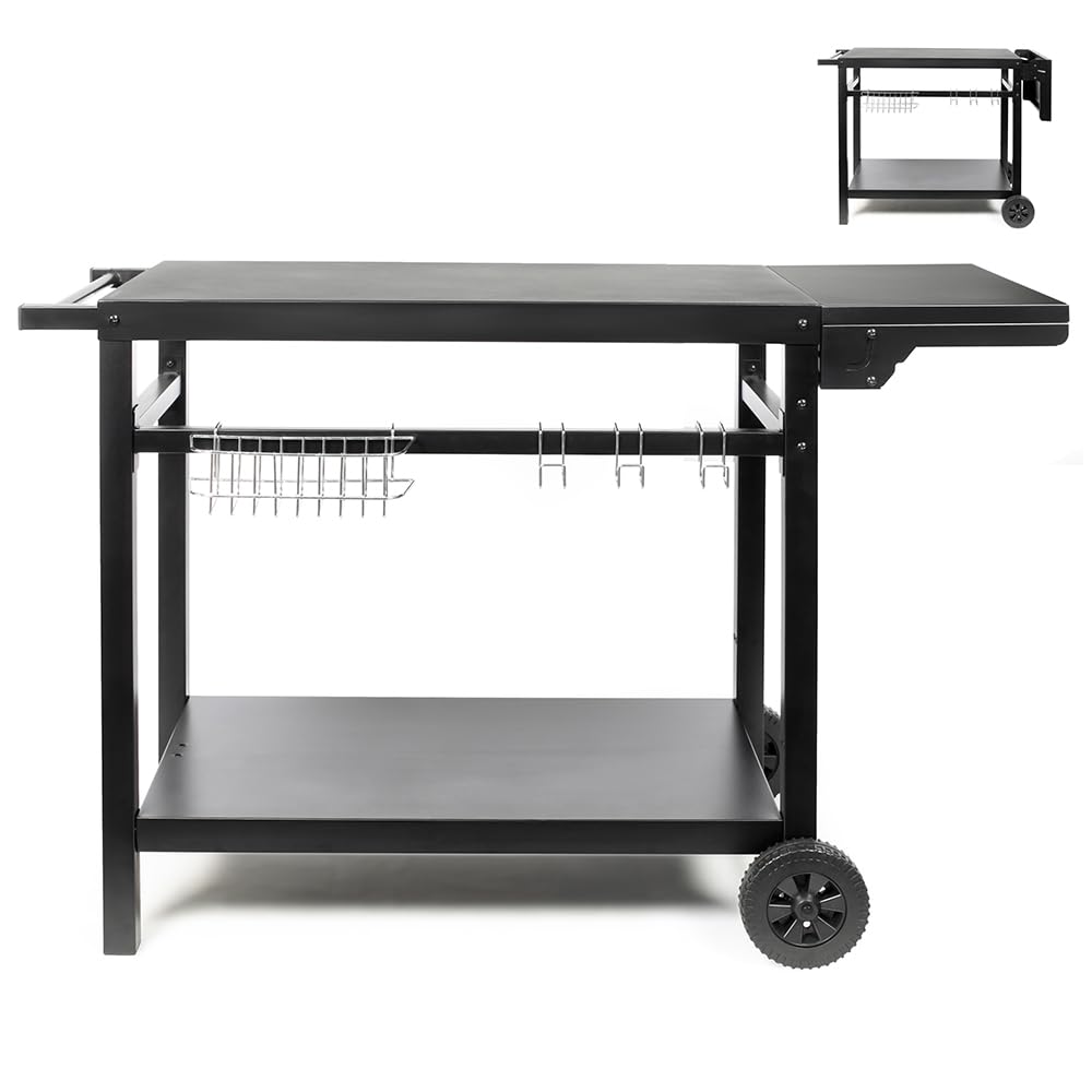 Livoo - Desserte pour plancha avec Tablette Rabattable GS170N - pour 2 à 4 brûleurs, Plateau 85 à 115 cm x 50cm, Hauteur 81cm, Accessoires Inclus, Noir