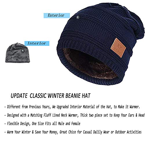 2Pieces Mens Winter Beanie Hat Fleece Lined Scarf Set Knit Stretch Skull Cap Beanie Hat For Men & Women Blue New #TOP2