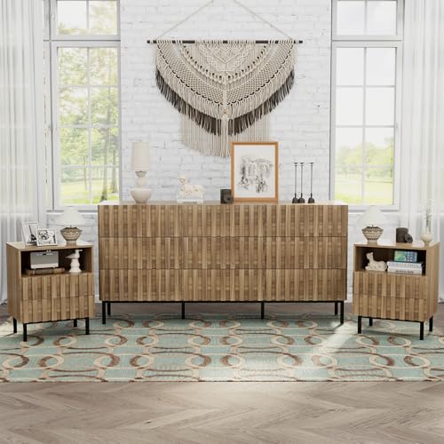 Mid Century Modern 9 Drawer Dresser & Nightstand Set for Bedroom (Natural Wood)