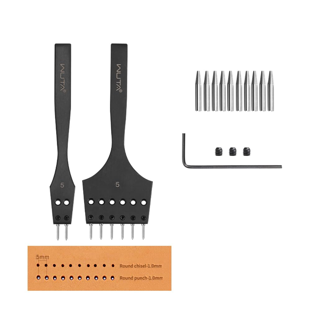 WUTA 2nd Generation Leather Craft Tool Kit, Replaceable Sharp Pricking Iron Chisel and Removable Round Hole Punch for Stitching, Lacing, Belts, Bags & DIY Leatherworking(5mm-2+6 hole)