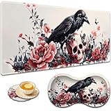 大型ゲームマウスパッド + 手首サポートパッド + コーヒーコースター、縫い目のエッジ付きデスクパッド、滑り止めセットパッド オフィスワークや自宅に最適 - ローズスカル。