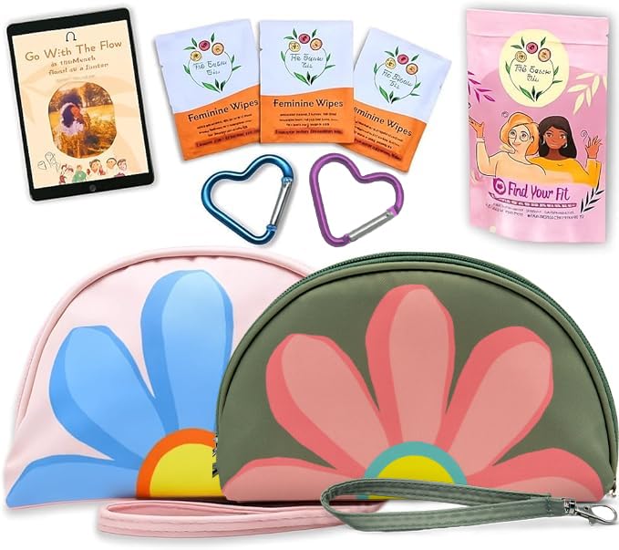 The Bloom First Period Kit for Girls 9-12 – 32 PC Tween Starter Kit with Cute Sanitary Napkin Storage Bag - Portable Waterproof Emergency Pad Pouch, (Pink & Green)