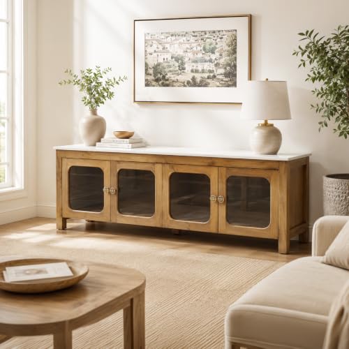 Image of The Attic Crestwood Solid Wood TV Cabinet with Glass Doors, Sideboard Storage & Display Cabinet for Living Room & Dining Room, Handcrafted Wood, Light Teak Finish