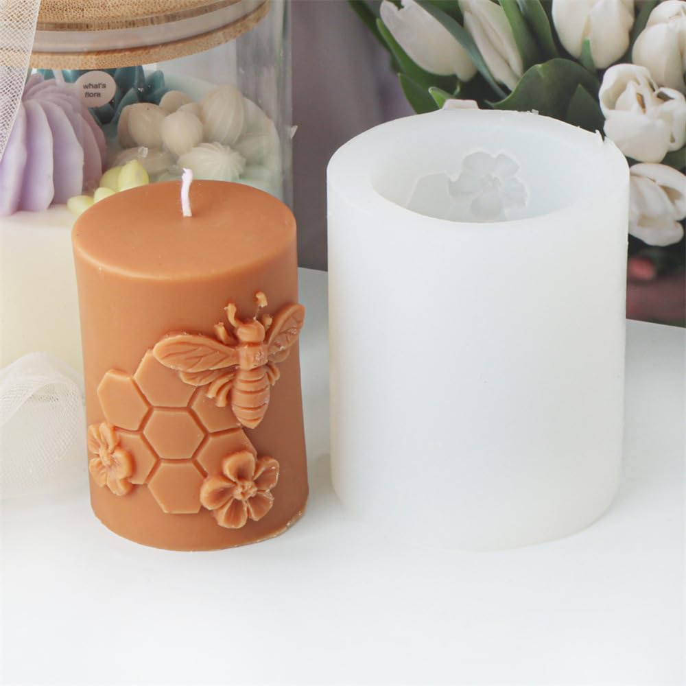 Xidmold Bee Honeycomb Flower Cylinder Candle Mould, Honeybee Beehive Pillar Silicone Mold for Beeswax Candle Soy Wax Candle - Image 2