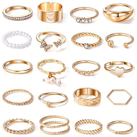 17IF 21 Pcs Gold Vintage Knuckle Rings Set, Boho Crystal Finger Ring Aesthetic Pearl Sparkle Butterfly Chunky Ring, Silver Heart Star Stackable Midi Ring Pack (Gold) Cover