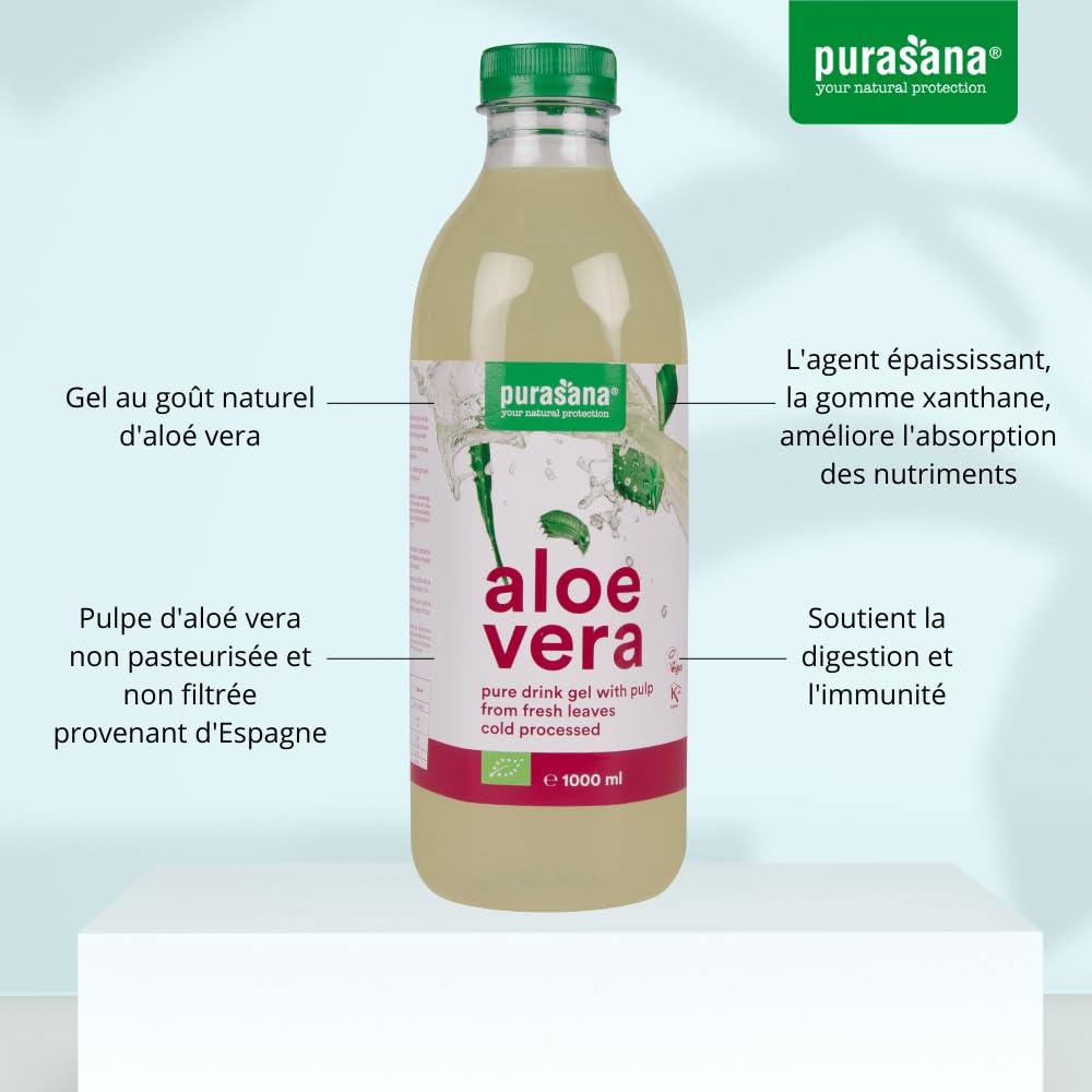 Puro Gel da Bere di Aloe Vera, Aloe biologica 99,3%. Gel estratto  dall'interno della foglia. Polpa fresca. Non pastorizzato, senza acqua  aggiunta. Digestione, sistema immunitario. 1 litro. Purasana : Amazon.it:  Salute e