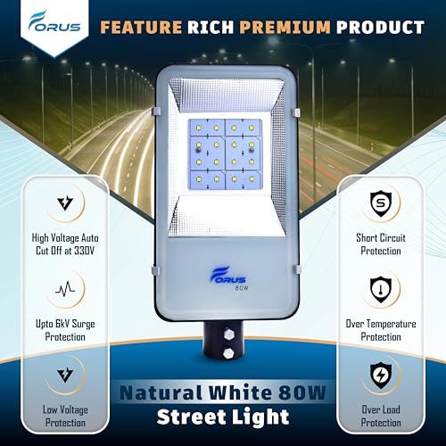 Image of Forus LED Street Light 80W Waterproof Outdoor Natural White Lamp for Home Garden Parking Lot Road Pathway Highway Warehouse Factory Yard Driveway Pole Mounted LED Streetlight 5 Years Warranty 1Pc