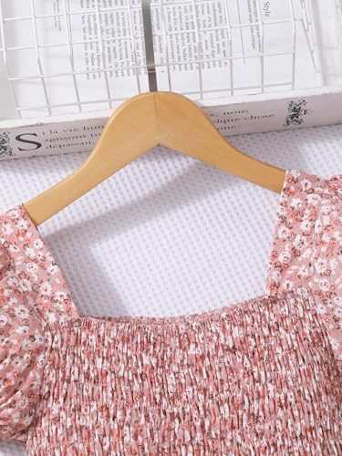 Image of Seechoslo 2025 Tween Girls' Cute Short Sleeve Square Neck Smocked Elastic Short Sleeve Woven Shirt Top