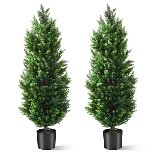 4FT Artificial Topiary Cedar Trees 2 Set, Fake Trees Outdoor Indoor UV Resistant Faux Bushes...