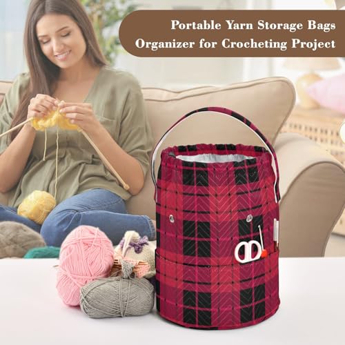 Image of Tatenale Crochet Bag Yarn Bag Knitting Project Bag with Pockets and Handle Portable Yarn Storage Organizer Tangle Free 8.3x11 InchCheckered Red14