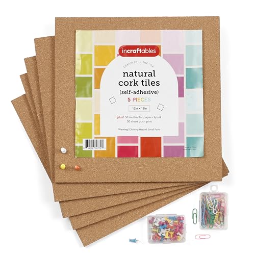 Incraftables Cork Board Tile Squares – 5 Piece 12x12 Self-Adhesive Squares for Bulletin Boards, Wall Corkboards, Vision Boards, Pin Boards, Office & Craft Projects