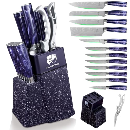FULLHI 14tlg. Block Messerset, Kochmesser Steakmesser Set mit Block und Schärfer, Küchenmesser...