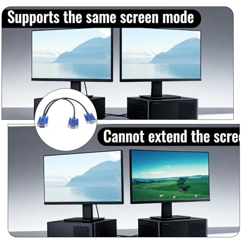Xelsluthe VGA Splitter Dual Monitor Cable 1 Male to 2 Female Adapter Converter VGA SVGA Video Y Cable Cord for Projectors, HDTVs, Monitors Male-to-Male Video Cables for Screen Duplication