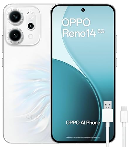 OPPO Reno14 5G – Smartphone Libre con IA, 12GB RAM + 256GB, Cámara Triple 50MP, Batería 6000mAh, Carga Rápida 80W, Pantalla AMOLED 120Hz, IP69, Dual SIM, Android, Versión Española - Opal White