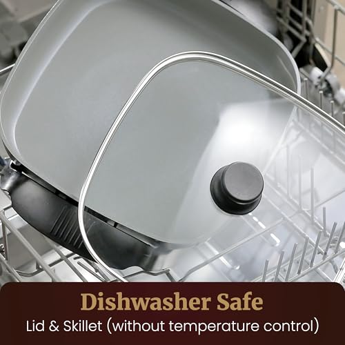 Image of Elite Gourmet 12 inch x 12 inch x 3 inch Ceralast PFAS Free Ceramic Electric Skillet, Dishwasher Safe, Xtra Deep Dish, Rapid Heat 1200W, Black