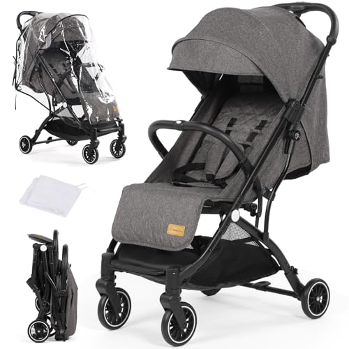 Hello-5ive Baby Pushchair Stroller, One-Hand Foldable Compact Baby Pram with Raincover and Mosquito Net, Travel Buggy with 5-Point Harness for Toddlers from Birth to 15kg (Dark Grey)