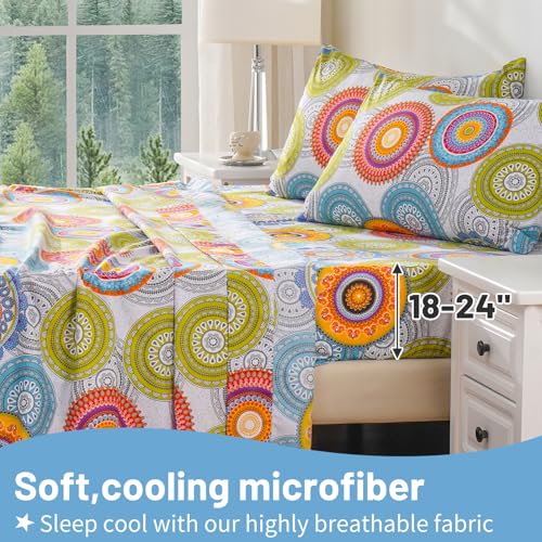 Bedlifes Queen Size Extra Deep Pocket Sheet Sets - Fits Mattresses Up to 18-24" Thick, 4-Piece Microfiber Set with 1800 Thread Count, Soft, Smooth, Breathable, Featuring Mandala Patterned