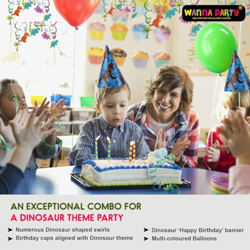 Image of WP WANNA PARTY Dinosaur Theme Birthday Decoration Combo for Dinosaur Party, Jungle Animal Theme Party- Dinosaur Swirl Hanging, Dinosaur Hats and Green,Orange and Blue Balloons-41 Pieces
