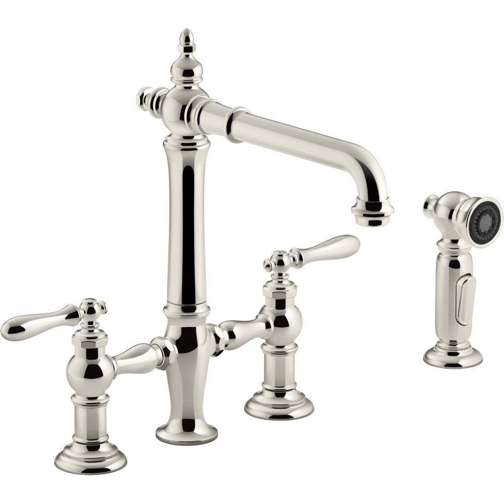 Kohler 76519-4-SN K-76519-4-SN Artifacts Deck-Mount Bridge Kitchen Sink Faucet with Lever Handles and sidespray Vibrant Polished Nickel