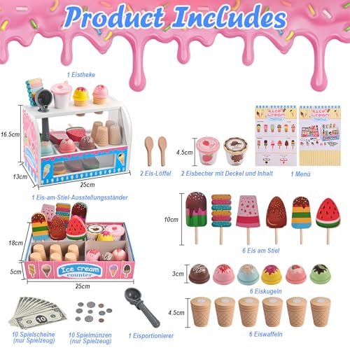 Wooderma Eisdiele Kinder Holz, Kinderküche Zubehör, Eisladen Kinder Holz, Kaufladen Rollenspiele, Holzspielzeug Spielküche Zubehör, Eiscreme Einkaufsladen, Montessori Spielzeug, Geschenk ab 3 Jahren