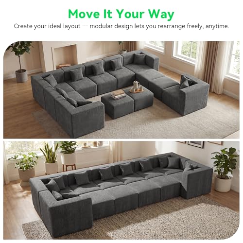 Image of MONVANE Oversized Boneless Sectional Couches for Living Room, 12-Seat Cloud Couch, Modular Sofa with Ottoman & 12 Throw Pillows, Comfy Chenille, No Assembly Required, Gray