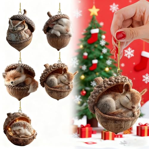 5PCS Forests Animal Acorn Ornaments, Forests Christmas Ornaments, 2026 New Pine Cone Animal Decoration, 2D Acrylic Animal Christmas Tree Pendant for Home Decor