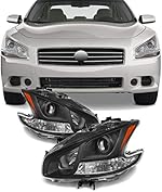 AKKON - For Maxima Halogen Type Black Bezel Projector Headlights Front Lamps Left + Right Side Replacement Set