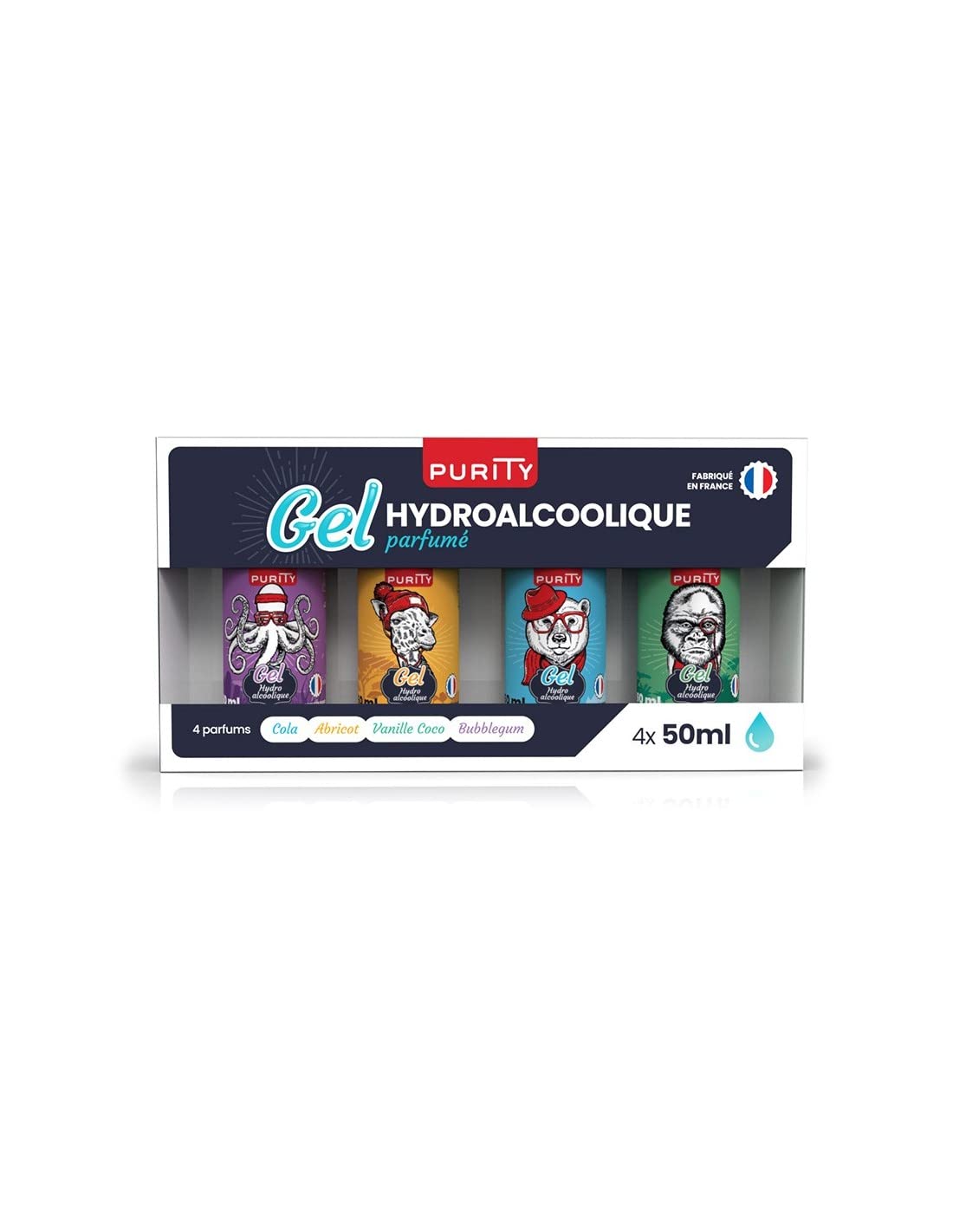 4 Mini-flacons de gel hydroalcoolique PARFUM Cola, Abricot, Bubble gum, Vanille Coco