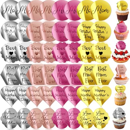 48 Pcs Acrylic Mirror Disc Cupcake Toppers for Mother's Day Cake Decorations, 6 Styles 4 Colors Happy Mother's Day Acrylic Cake Toppers Cupcake Engraved Topper Charms for Mom Birthday Party Decor