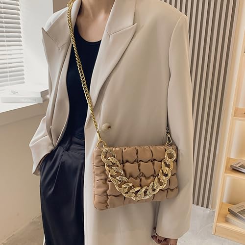 Chunky Gold Chain Quilted Vegan Leather Crossbody Purse, Plastic Metal Chain Puffer Clutch Bag, PU Leather Handbag2