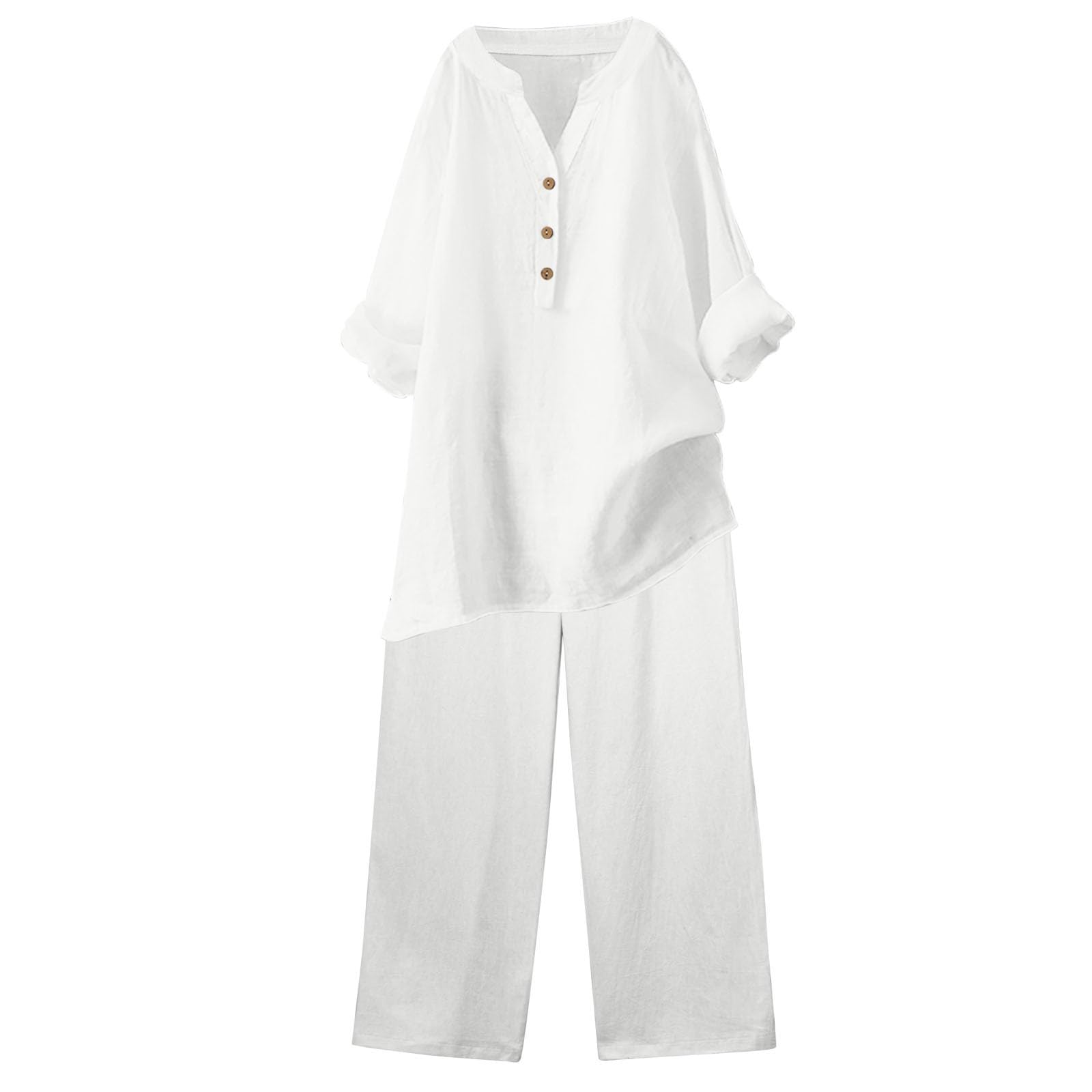 Traje de pantalón para mujer, elegante, 2 piezas, ropa de verano, conjunto de 2 piezas, blusa, camiseta y pantalones largos, traje de ocio, informal, monocolor, traje de lino