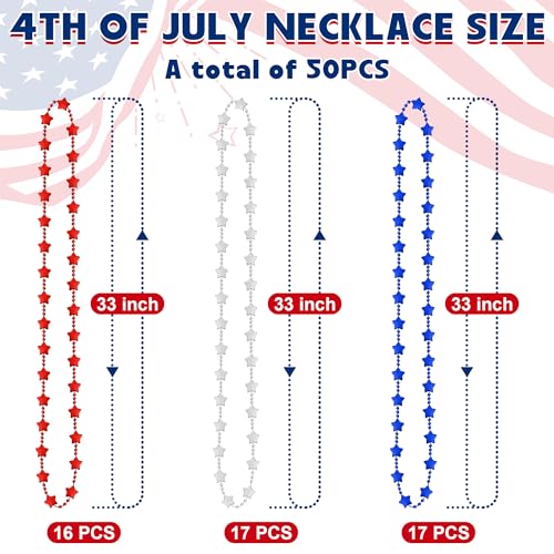 4th of July Accessories, 50PCS Star Necklace Independence Day Beads, Red White Blue Patriotic Fourth of July Necklace Party Favor, Star Accessories for Memorial Veterans Day Parades2