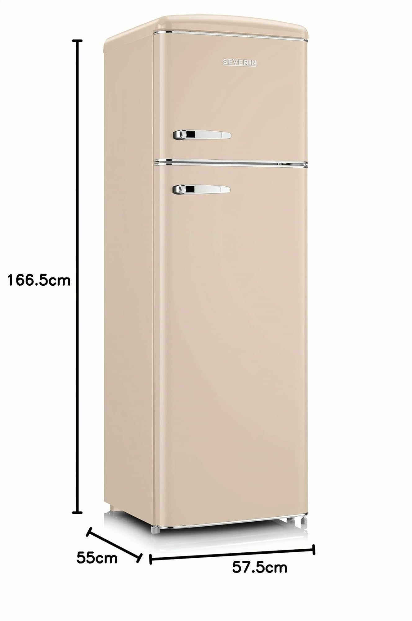 SEVERIN RKG 8985 [EEK D] frigorifero retrò con applicazioni cromate, congelatore superiore, illuminazione a LED, 1-7°C, volume netto 246 L, solo 39 dB, crema, RKG 8985