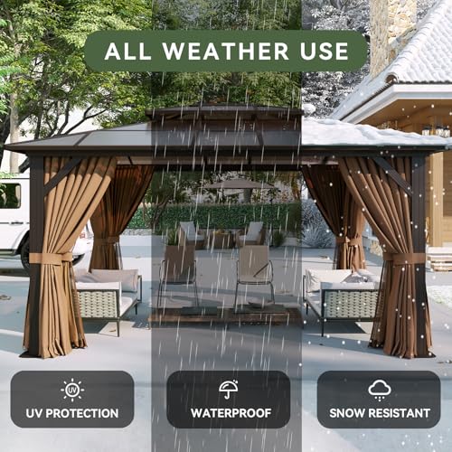 Image of Aoxun 12'x10' Hardtop Gazebo, Metal Frame Permanent Pavilion with Curtains and Netting, Outdoor Polycarbonate Double Roof Canopy, Designed for Garden, Lawns, Patio, Brown