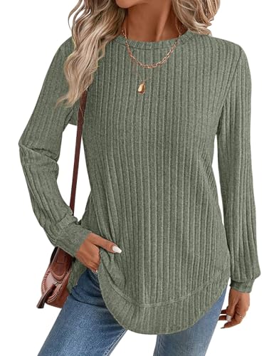 JUSTFASHIONNOW Womens Long Sleeve Shirts Trendy Sweaters Lightweight 2025 Casual Crewneck Fall Tunic Tops Loose Fit Dressy