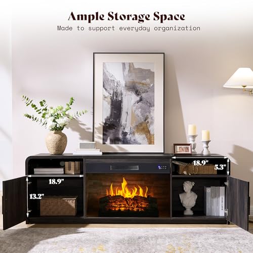 Image of AMERLIFE 70 inch Fluted Fireplace TV Stand for TVs Up to 80 inch, Modern TV Console with 30 inch Electric Fireplace & Storage Cabinets, Media Entertainment Center for Living Room, Black