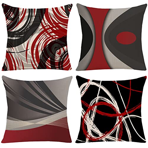 EZVING Set of 4 Throw Pillow Covers Modern Abstract Red Stripes Gray Black White Acrylic Bold Grey Decorative Pillow Cases Home Decor Square 16x16 Inches Pillowcases