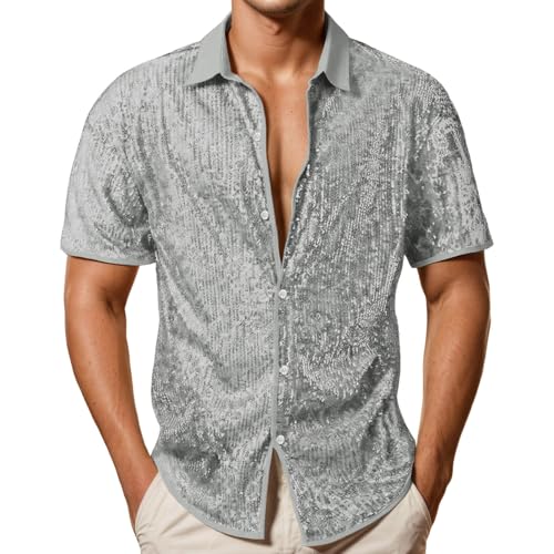 DASONLUE Camisa brillante para hombre, manga corta, con lentejuelas, para carnaval, brillante, metálica, para el tiempo libre, camisa de verano, camisa de lentejuelas, para fiestas temáticas