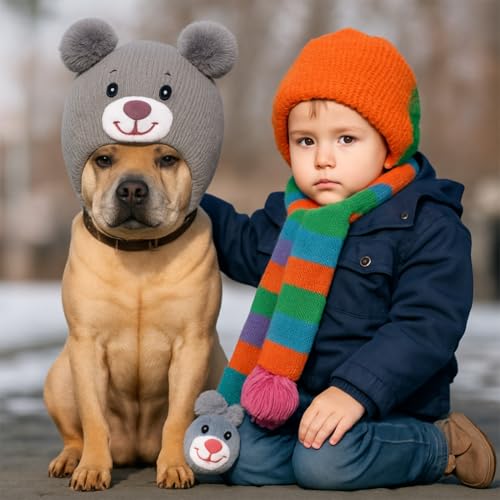 KIRZAX Hundemütze Winter Strick, Flauschig Warme mit Pompom, Winddicht Haustierkopfdecke, für Kleine/Mittlere Hunde/Katzen, Geschenk für Wandern/Camping