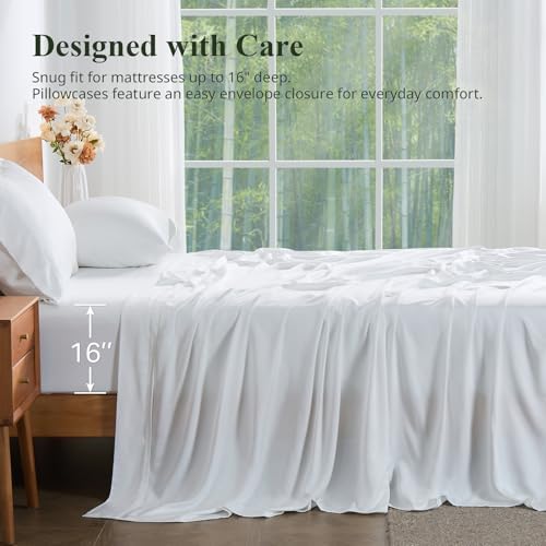 Queen Size Sheet Set, Bamboo Sheets for Bed Set 4pcs, 100% Organic Viscose Derived from Bamboo, Hotel Luxury Silky & Cooling for Hot Sleepers, Deep Pocket Up to 17", White - Thumbnail 5
