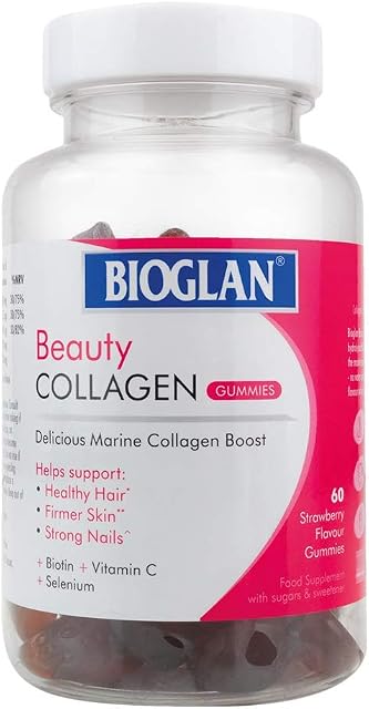 Bioglan Collagen Gummies | 1000mg | Hydrolysed Marine Collagen | Biotin | Selenium & Vitamin C | Strawberry Flavoured | 60 Gummies